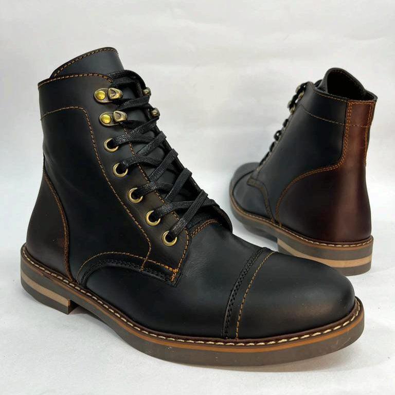 Botas para Hombre en Cuero Negro x Coñac de Caña Media – Diseño Robusto con Suela Antideslizant - Tienda Serrano